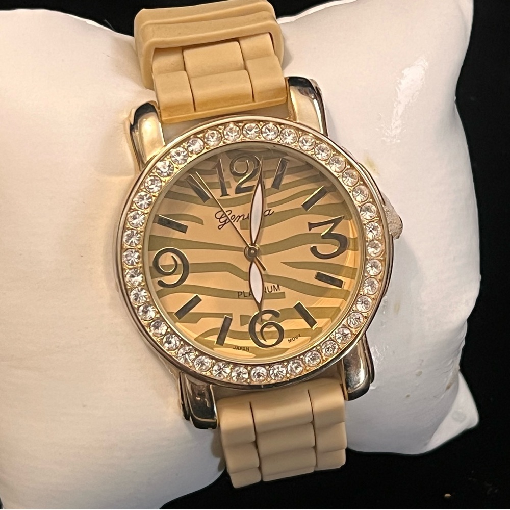Geneva Women's Beige Zebra Pattern Watch with Crystal Bezel